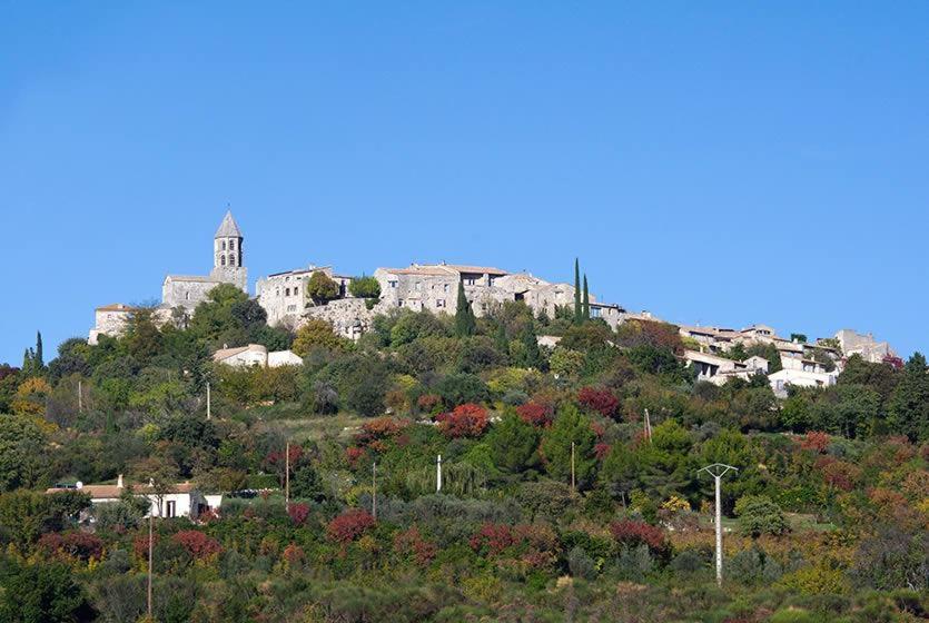 a castle on top of a hill with trees at L&#39;Ardeche en Provence avec jardin ombragé in Pont-Saint-Esprit