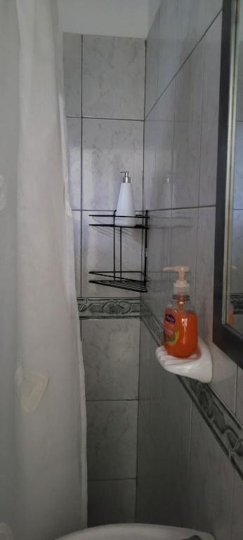 ein Badezimmer mit einer Dusche mit einer Kerze auf einem Regal in der Unterkunft DEPARTAMENTO A&F II ALQUILER TEMPORARIO in San Fernando del Valle de Catamarca