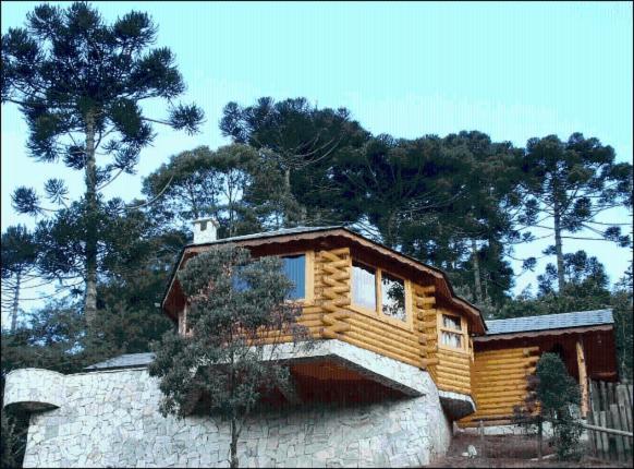 a log cabin building with trees in the background at Pousada Rancho Das Framboesas in Visconde De Maua