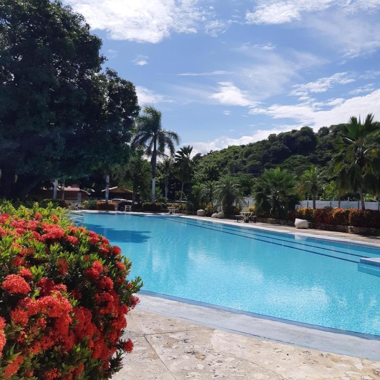 a large blue swimming pool with some red flowers at VILLAS DEL PALMAR APTO 406 in Santa Marta