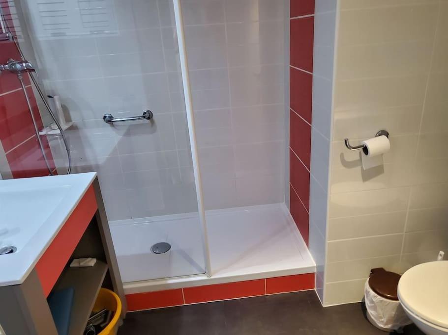 a bathroom with a shower with a toilet and a sink at Biarritz centre balcon vue mer, piscine, plage in Biarritz