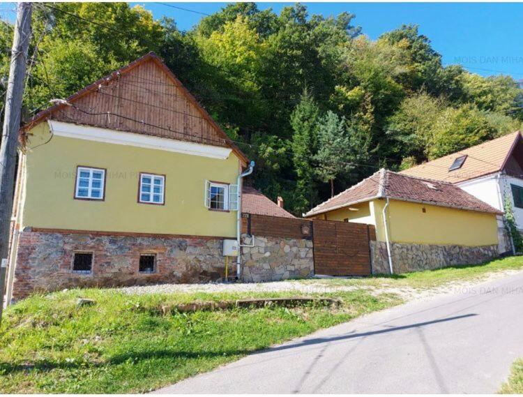 una gran casa amarilla al lado de una carretera en Haus Ingrid Cisnadioara, en Cisnădioara