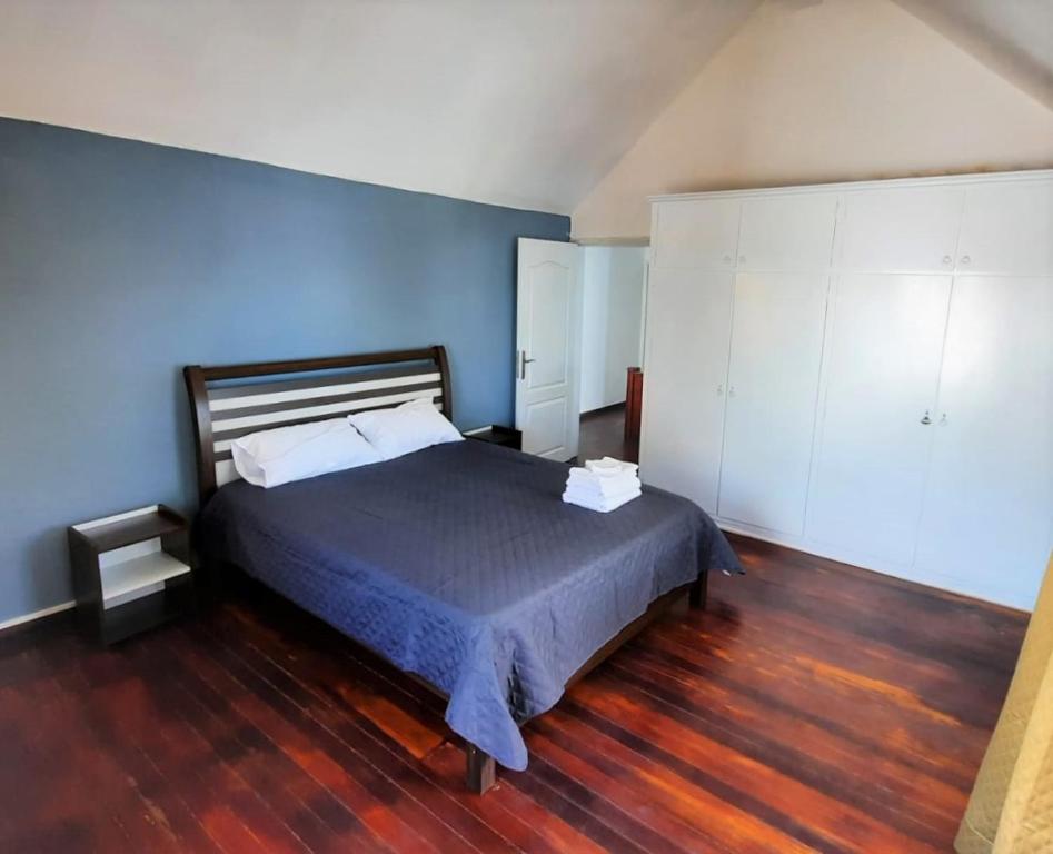 a bedroom with a bed with blue walls and wooden floors at Villa Rose in Pereybere