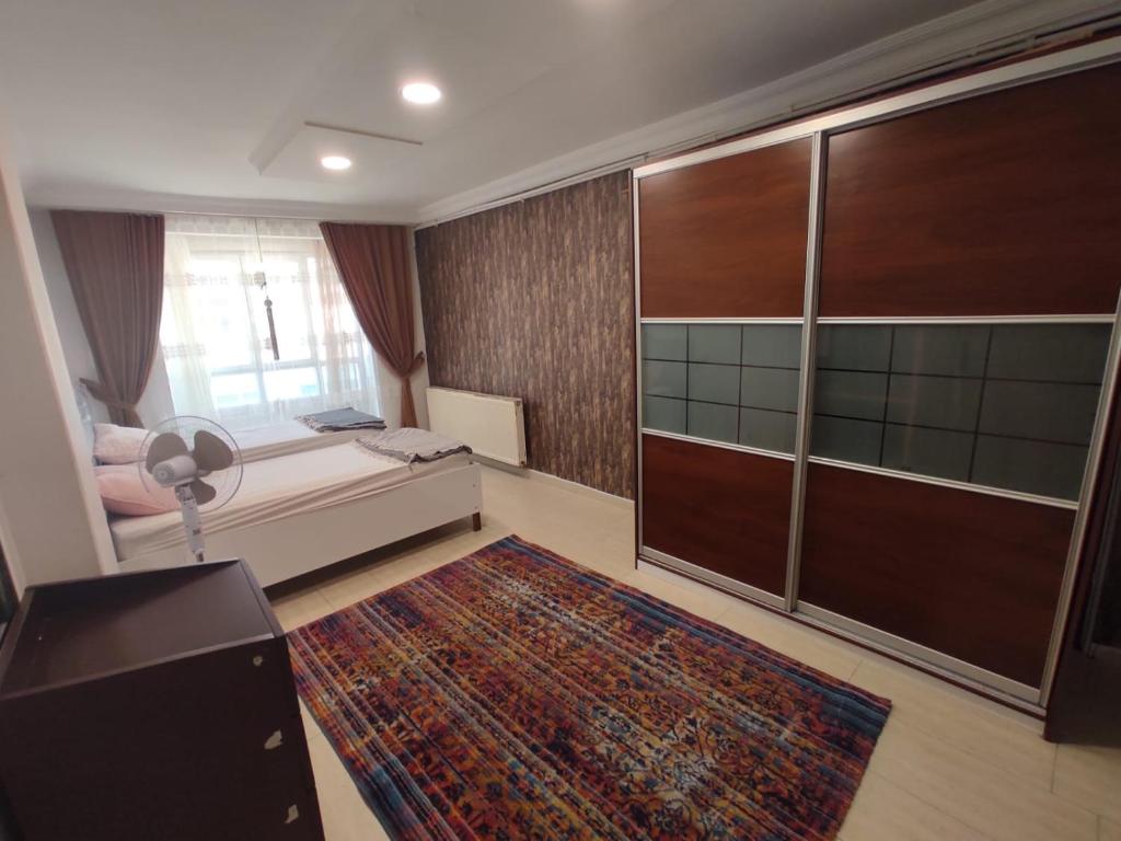 a bedroom with a bed and a large closet at TWO ROOMS WITH KITCHEN in Istanbul