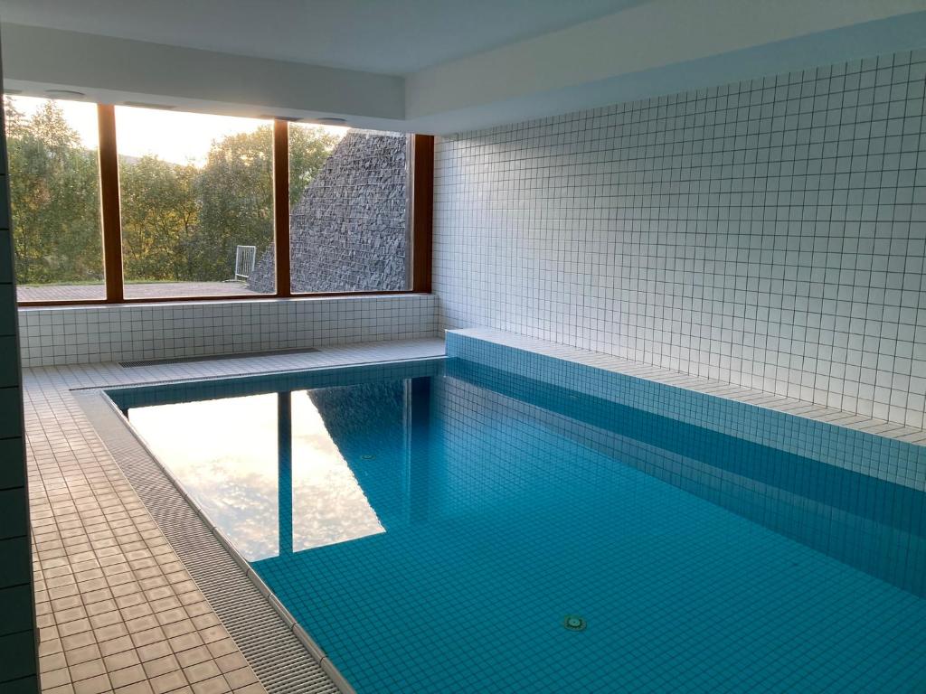 a large swimming pool with blue tiles in a bathroom at Studio Apartment Michael in Špindlerův Mlýn