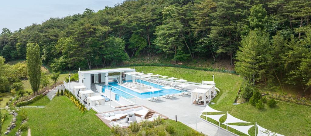 an aerial view of a villa with a swimming pool at The Suites Hotel Namwon in Namwon