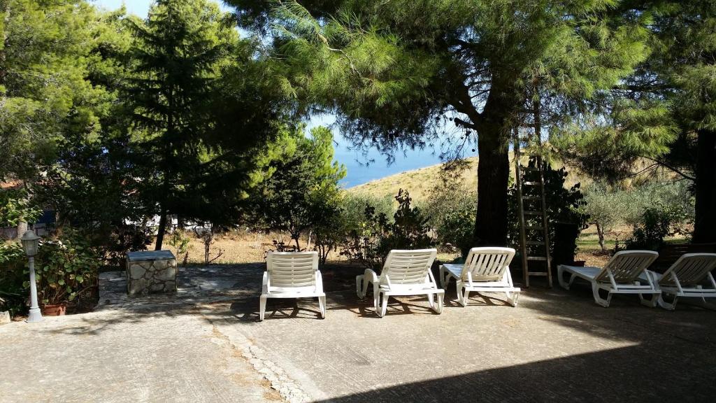 un grupo de sillas blancas sentadas bajo un árbol en Villa Sarmuci, Mare Natura Relax, en Scopello