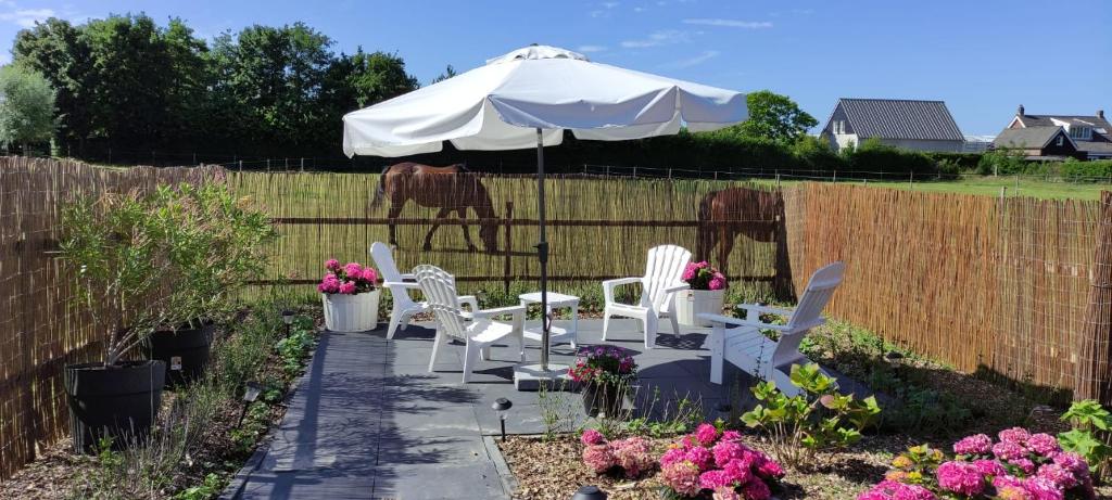 un patio con sombrilla blanca, sillas y flores en de Tulp en Noordgouwe
