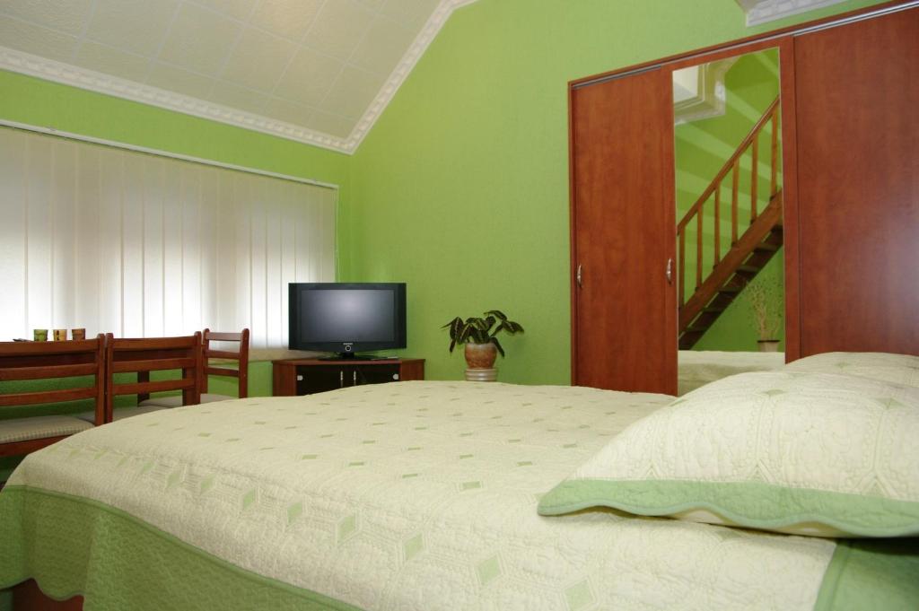 1 dormitorio con 1 cama grande y TV en Nefelejcs Apartman, en Gyula