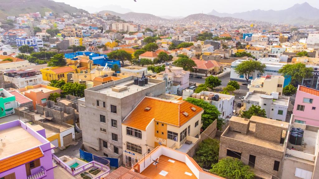 an aerial view of a city with colorful buildings at Simabo's Backpackers' Hostel in Mindelo