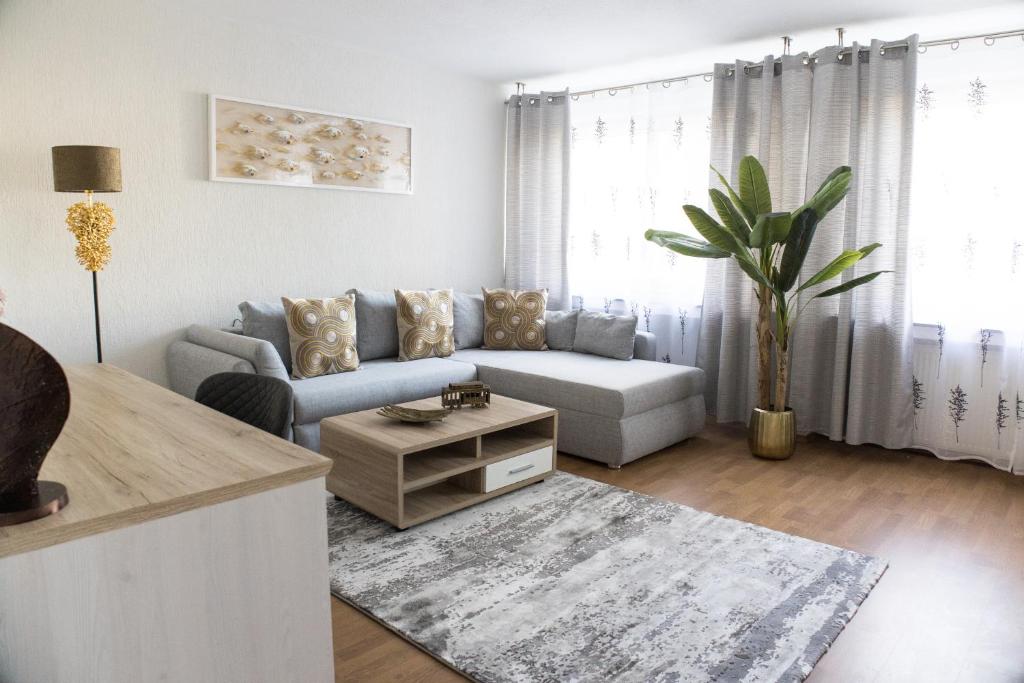 a living room with a couch and a table at T&K Apartments near Messe Fair Trade Düsseldorf und Airport 1B in Duisburg