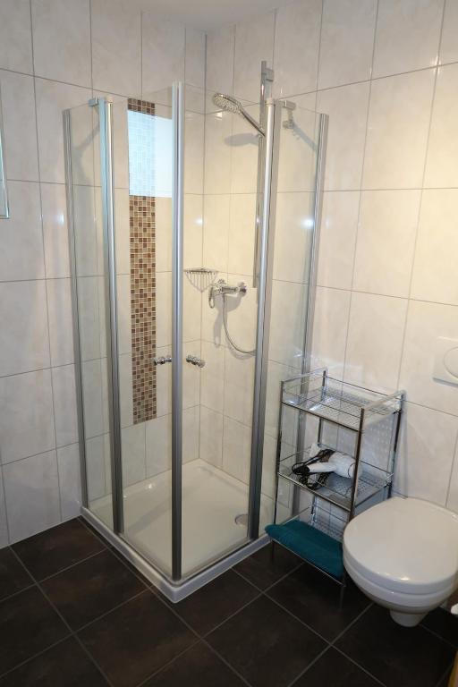 a bathroom with a shower and a toilet at Appartement Bergzeit in Gaschurn