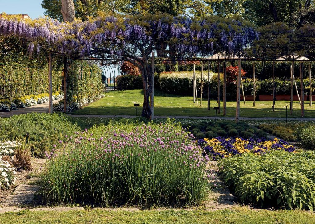 a garden with purple flowers and a pergola at Hotel Cipriani, A Belmond Hotel, Venice in Venice