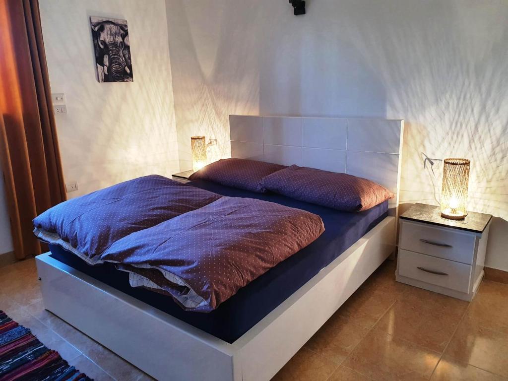 een slaapkamer met een bed en een lamp op een nachtkastje bij CASA LOKO Guest House in Luxor