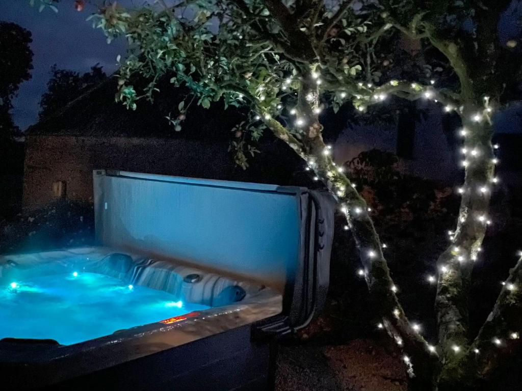a tree with lights around a hot tub at Airdside Cottage in Crossmichael