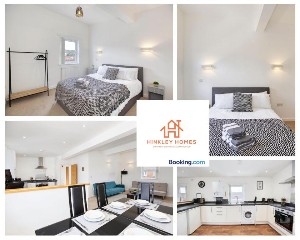 a collage of three pictures of a bedroom and a kitchen at Flawless - City Centre - Free Parking - HPC - 5 - By Hinkley Homes Short Lets & Serviced Accommodation in Bridgwater