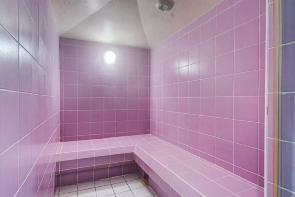 La salle de bains est pourvue de carrelage violet et d'une douche violette. dans l'établissement Studio aux pieds des pistes, des chemins de Rando, à Les Déserts