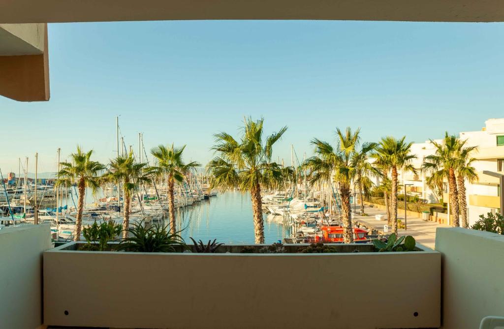 einen Balkon mit Blick auf einen Yachthafen mit Palmen in der Unterkunft Studio 4 People - Christmas Market - Port - Beach in Le Barcarès