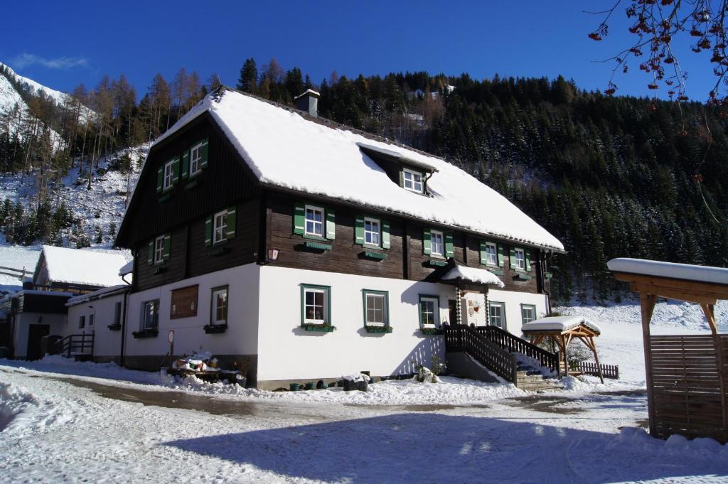 een huis bedekt met sneeuw in de bergen bij Der Perweinhof in Donnersbachwald