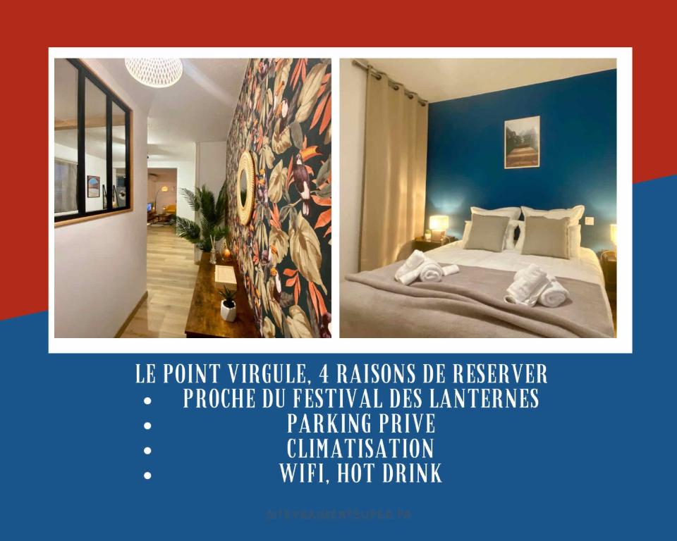 two pictures of a bedroom with a bed in a room at Le Point Virgule - Parking Privé - Climatisation in Montauban