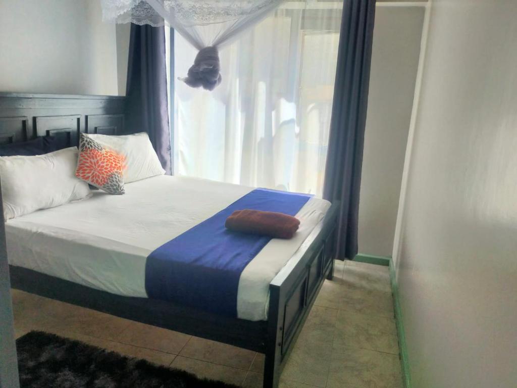 a bedroom with a bed with a window and a pillow at Pazoori Furnished Studios and 1 bedrooms in Nairobi