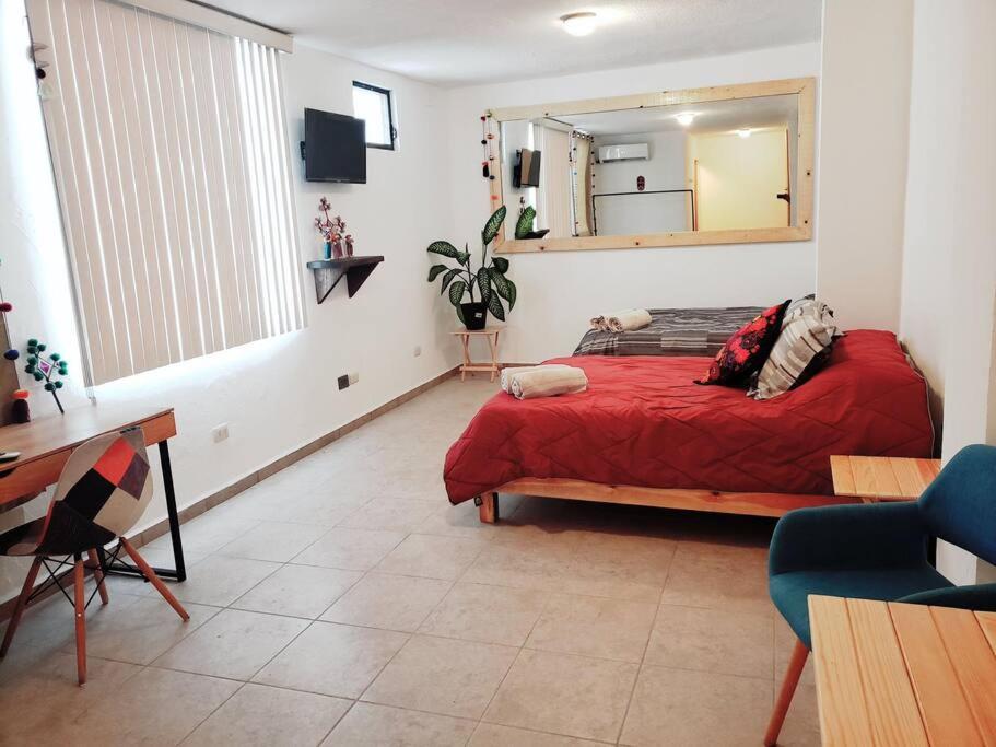 1 dormitorio con cama roja y espejo en Hospedaje con vista a la ciudad en Monterrey