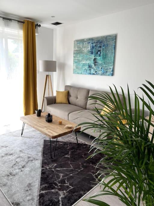 ein Wohnzimmer mit einem Sofa und einem Couchtisch in der Unterkunft Superbe appartement lumineux avec parking gratuit in Wintzenheim