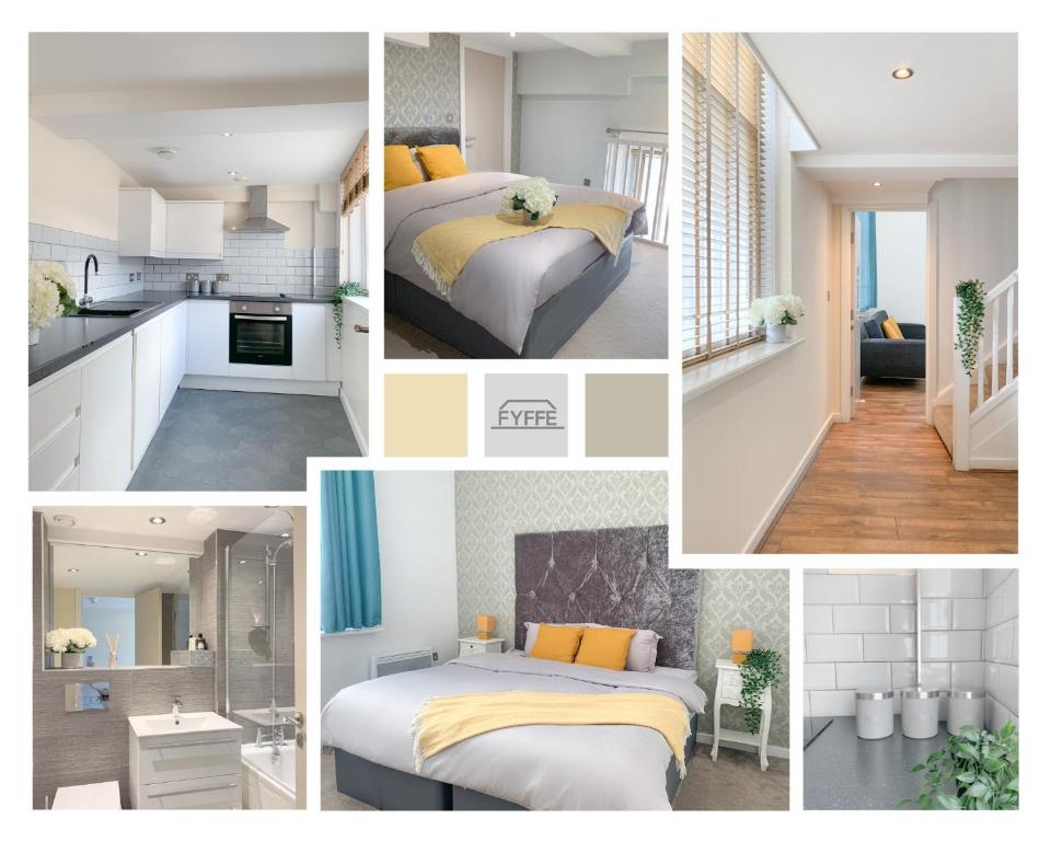a collage of photos of a bedroom and a kitchen at Duplex 2-bedroom apartment in Liverpool centre in Liverpool