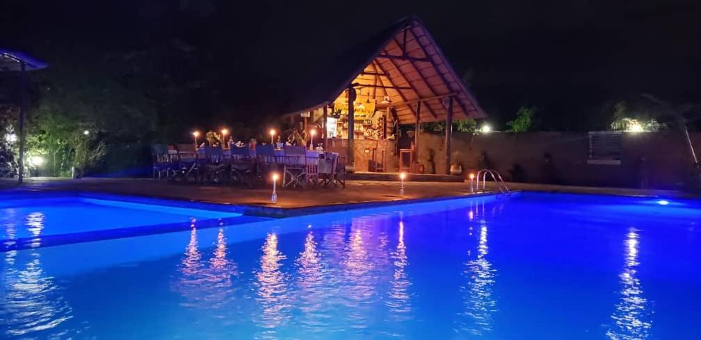 uma piscina à noite com um edifício iluminado em Camp Bastian Mikumi em Mikumi