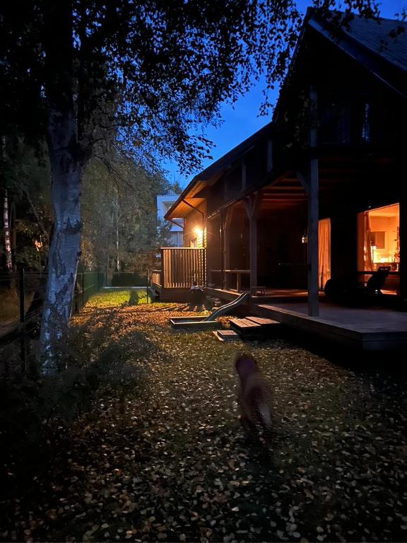 a monkey walking in the grass near a house at Rugio namai-Rye house in Palanga
