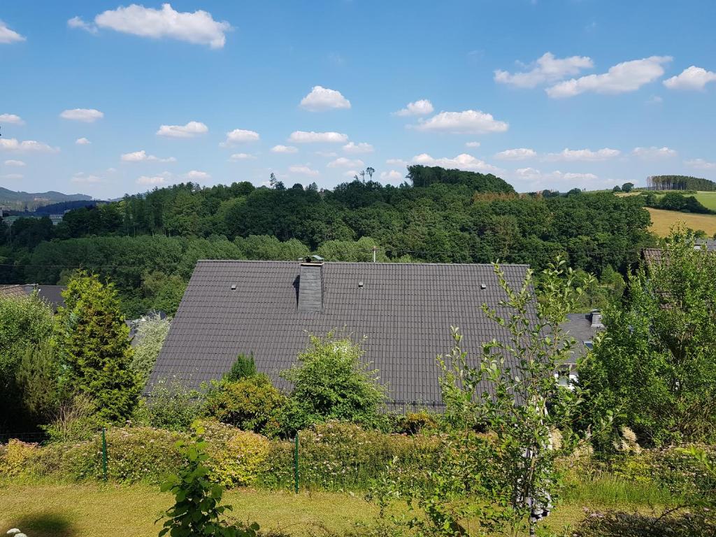 un toit d'une maison dans un champ arboré dans l'établissement Ferienwohnung Jansen, à Kirchhundem