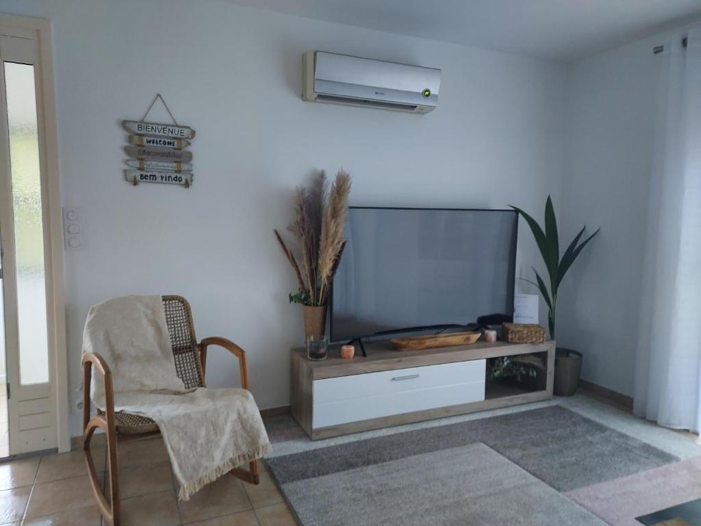 een woonkamer met een flatscreen-tv en een stoel bij Maison calme et chaleureuse in Châlette-sur-Loing