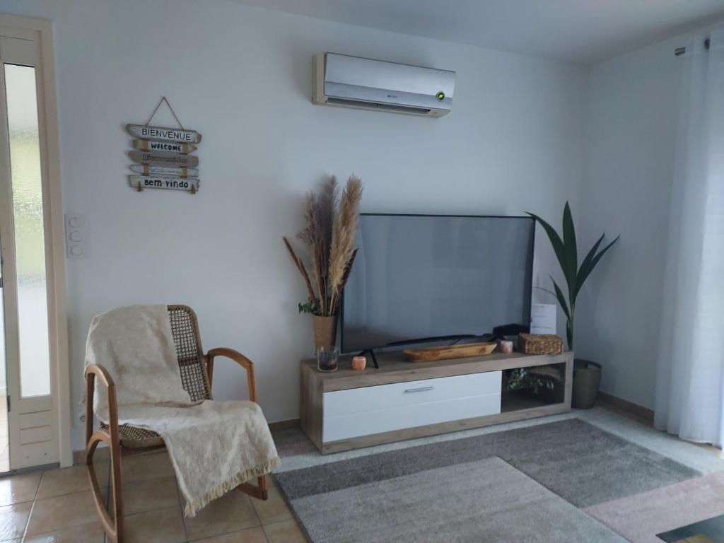 salon z telewizorem z płaskim ekranem i krzesłem w obiekcie Maison calme et chaleureuse w mieście Châlette-sur-Loing