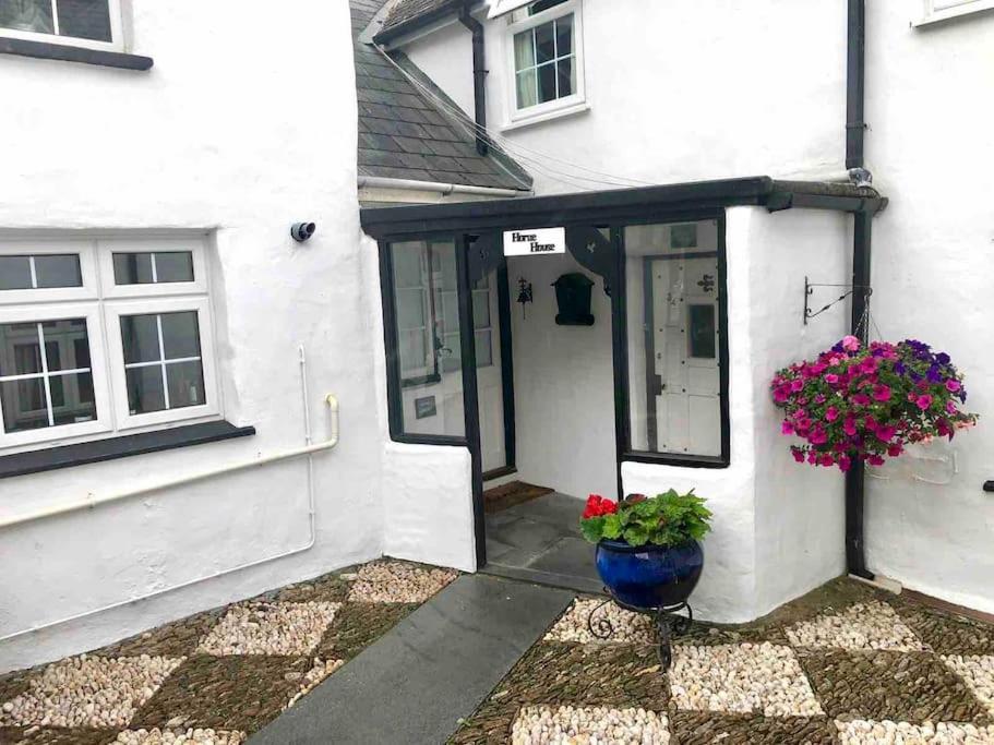 een wit huis met twee potplanten op de deur bij Horne Cottage Ilfracombe (10 mins Woolacombe) in Ilfracombe