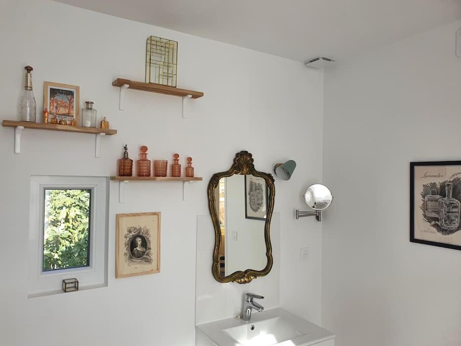 a bathroom with a mirror and a sink at Pavillon d&#39;Aÿ cottage Champagne - Label Green Key in Ay