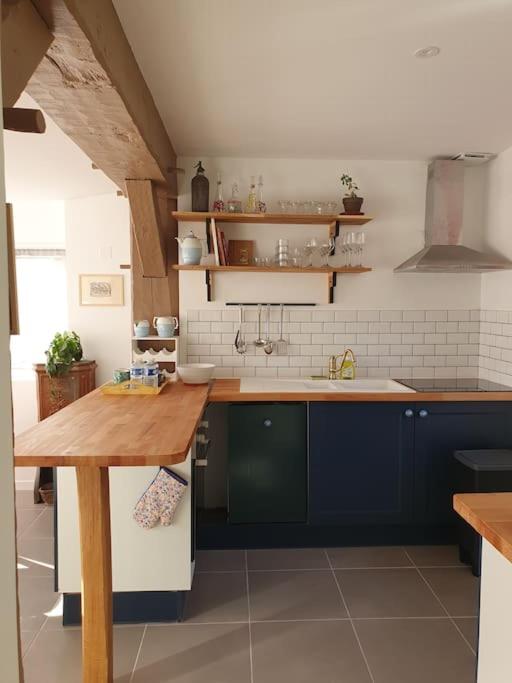 a kitchen with blue cabinets and a wooden counter top at Pavillon d&#39;Aÿ cottage Champagne - Label Green Key in Ay