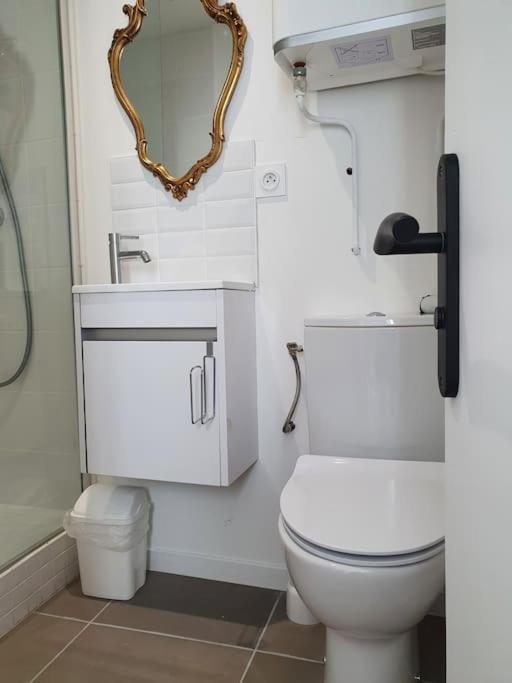 a bathroom with a white toilet and a mirror at Pavillon d&#39;Aÿ cottage Champagne - Label Green Key in Ay