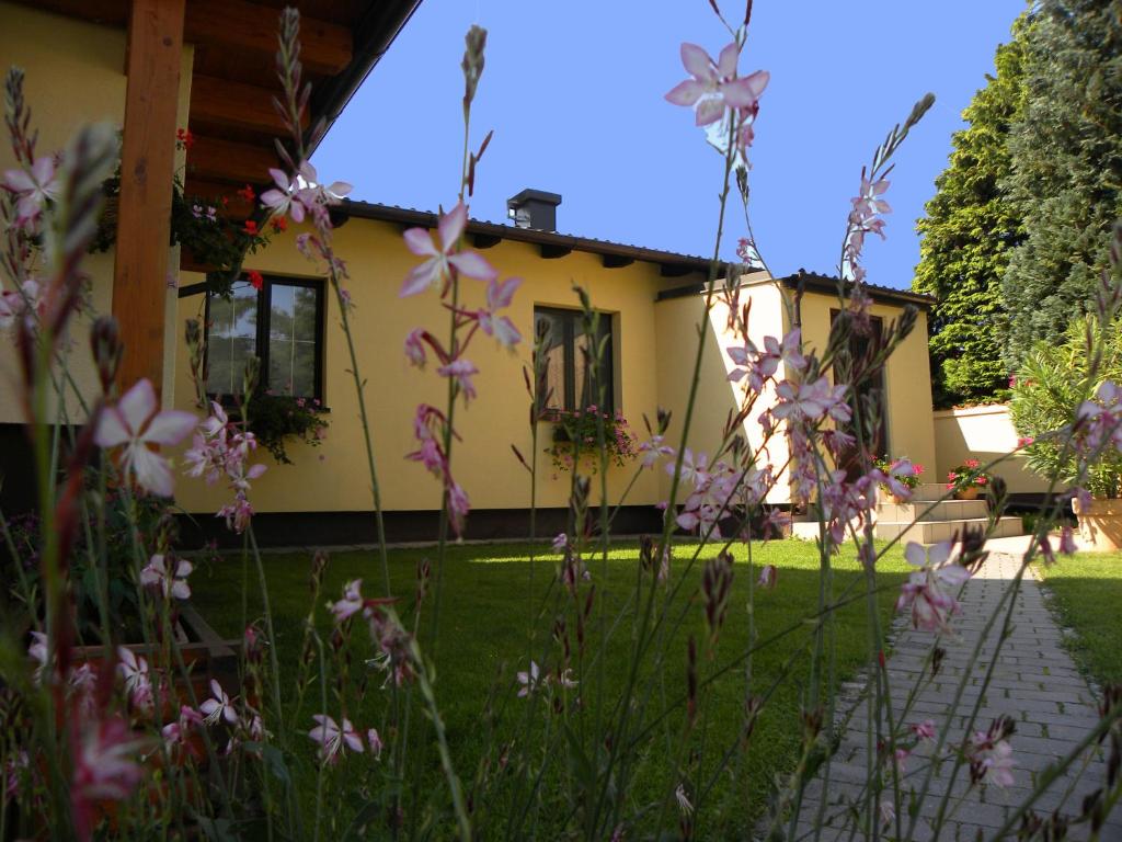 a house with a garden with flowers in the foreground at Appartement Ferienhaus Sonnenhain in Sollenau