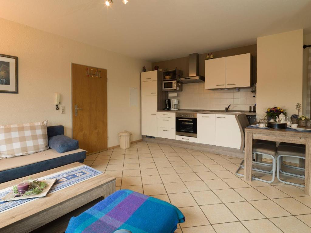 ein Wohnzimmer mit einem Sofa und einer Küche in der Unterkunft Ferienwohnung Meisbüsch in Merzig