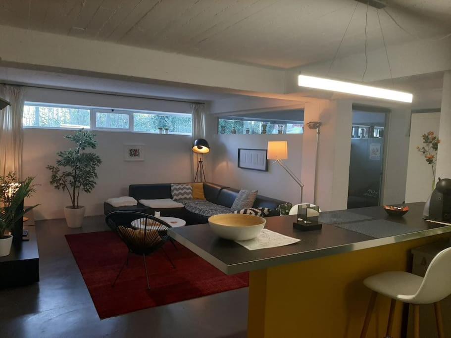 una cucina e un soggiorno con divano e tavolo di THE FACTORY, retreat near Bruges a Zedelgem
