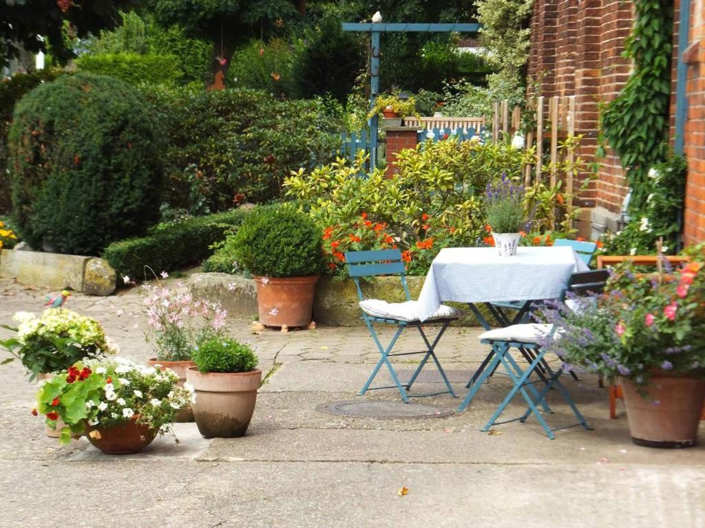een tafel en stoelen in een tuin met potplanten bij Pension Gestüt Morgenstern in Hameln