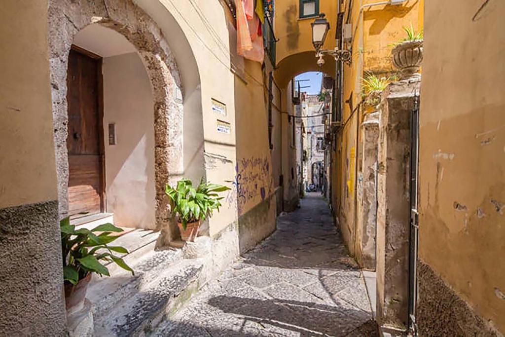 un callejón con arcos y plantas en un casco antiguo en Tra Amalfi, Pompei, Paestum, en Salerno