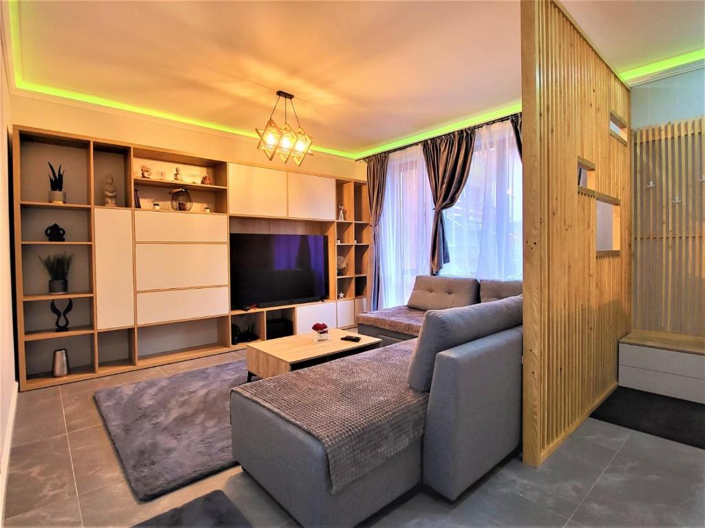 ein Wohnzimmer mit einem Sofa und einem TV in der Unterkunft Sirius Confort Kalinderu in Buşteni