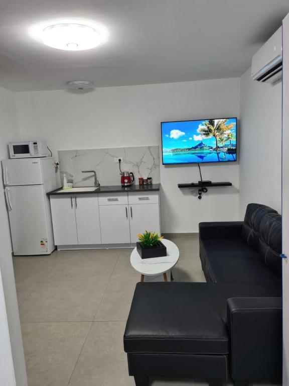 a living room with a couch and a tv on the wall at בוילה היפה של יהודית in Eilat