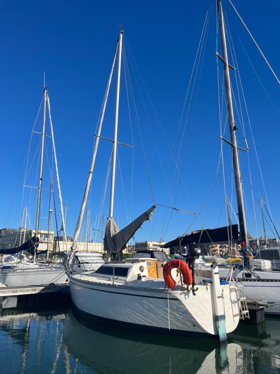 un barco blanco atracado en un puerto deportivo con otros barcos en Voilier Loc Han en Deauville