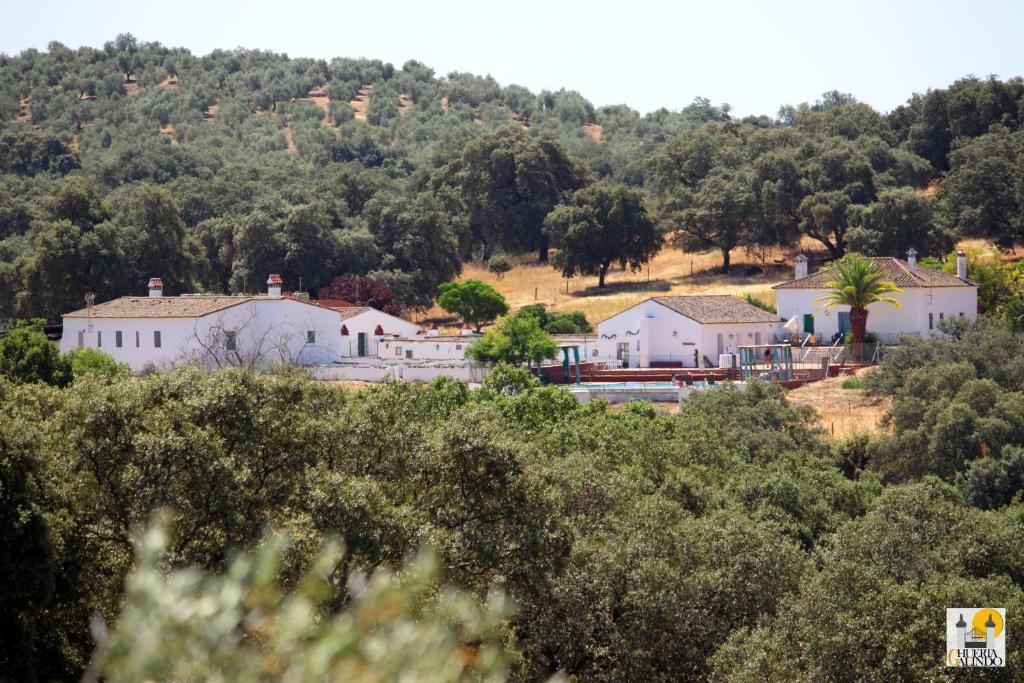 a group of white buildings on a hill with trees at Cortijo Huerta Galindo in Alanís