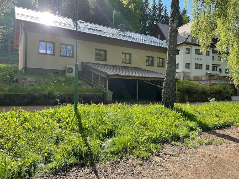 Zahrada ubytování Srní-Modrý podkroví byt /dvojdomek u hotelu Vydra