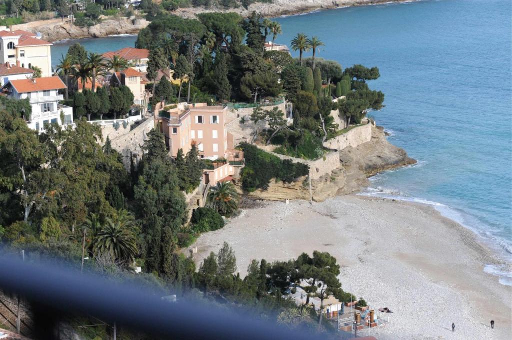 a view of a beach with houses on a cliff at Hotel de charme Regency in Roquebrune-Cap-Martin