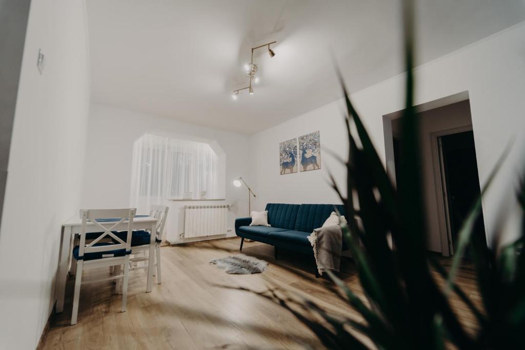 ein Wohnzimmer mit einem blauen Sofa und einem Tisch in der Unterkunft Apartamentul Albastru in Vatra Dornei