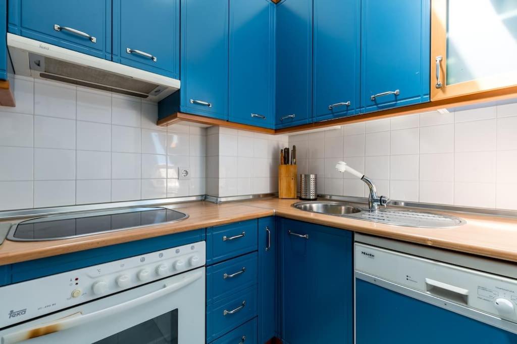kuchnia z niebieskimi szafkami i zlewem w obiekcie Apartamentos RG, San Vicente 22 w Sewilli